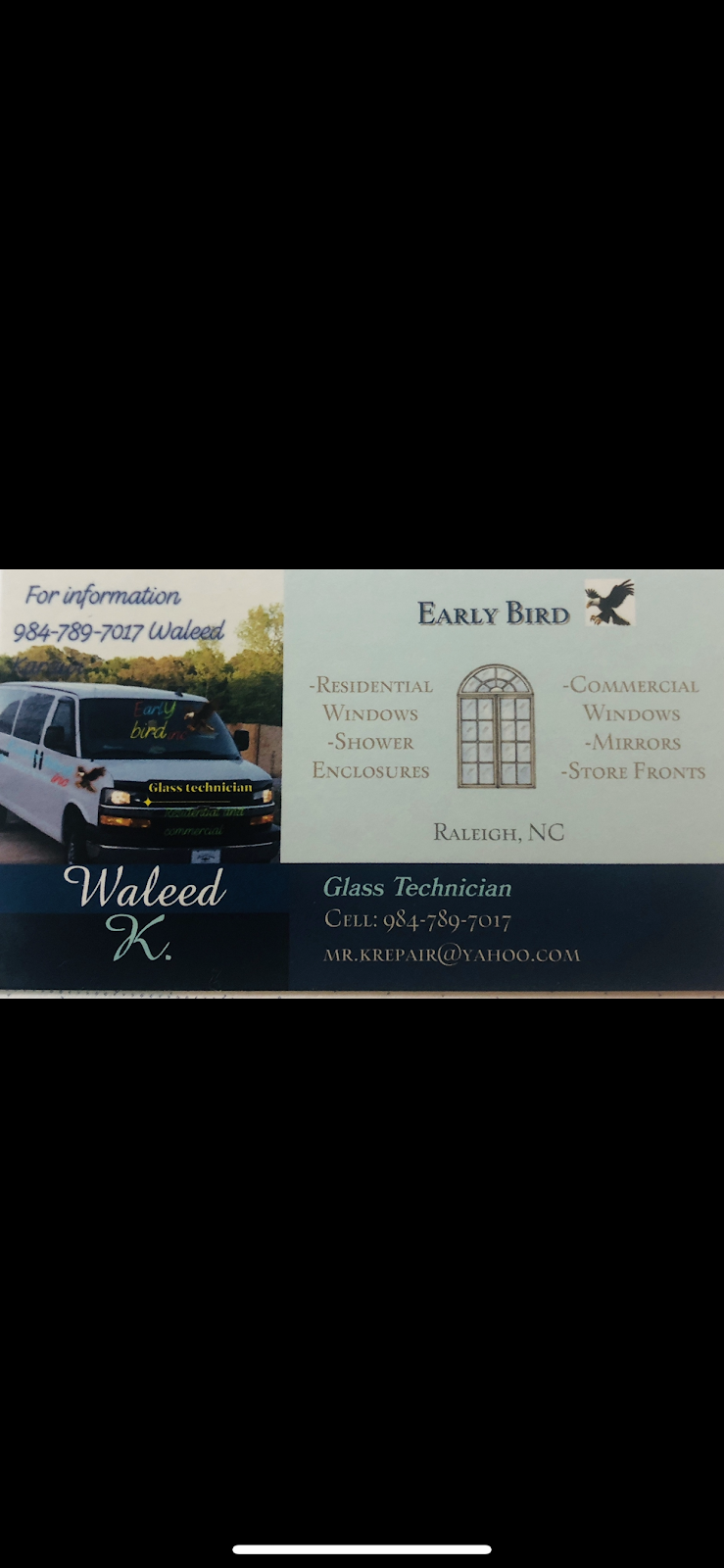 Early bird glass | 1039 Myers Point Dr, Morrisville, NC 27560, USA | Phone: (984) 789-7017