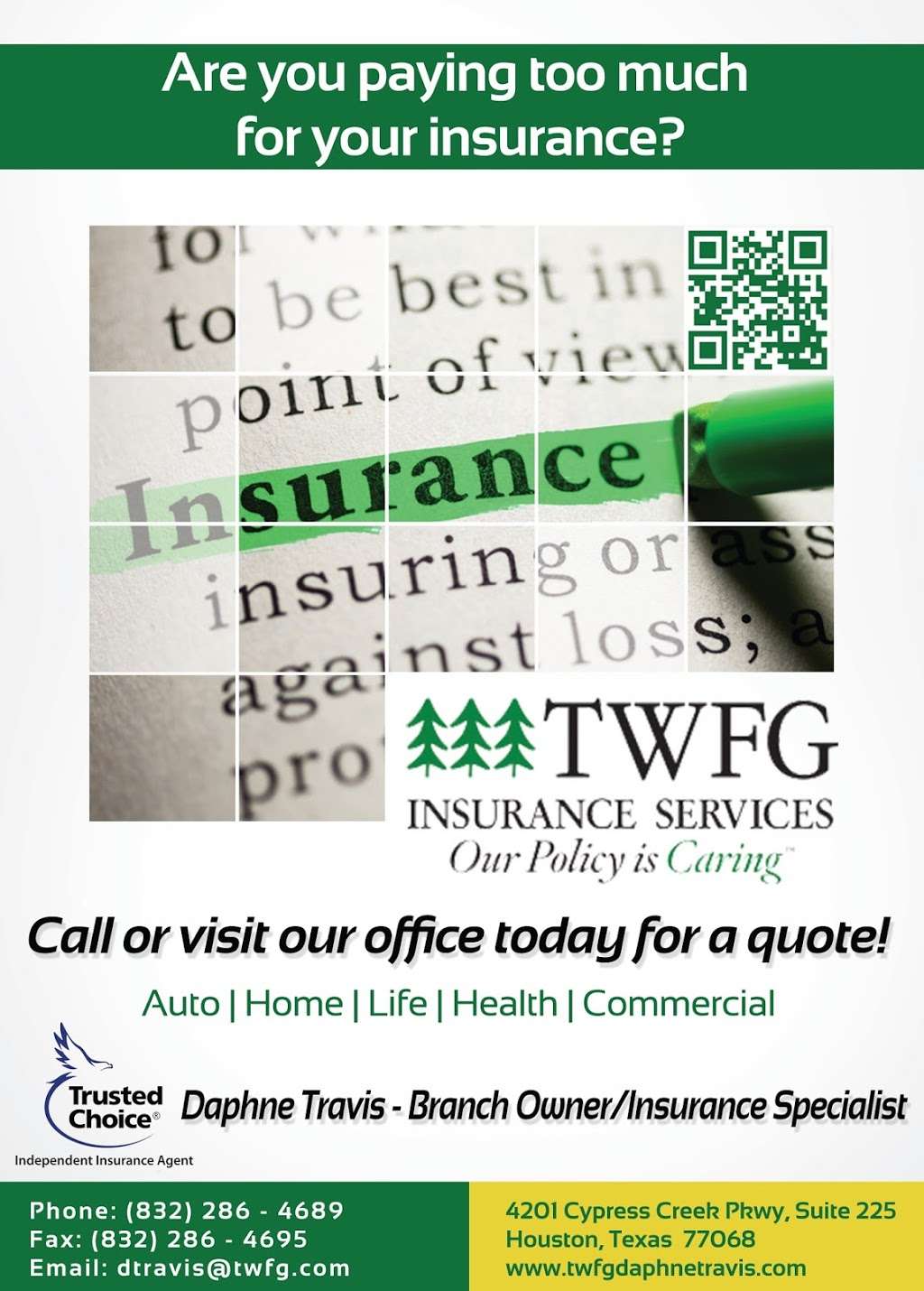 TWFG/Travis Professional Services | 14550 Torrey Chase Blvd Suite 255, Houston, TX 77014, USA | Phone: (832) 286-4689