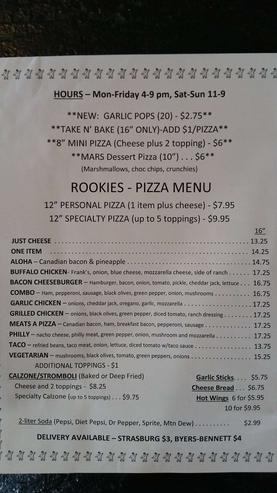 Pizza at Rookies | 1323 Monroe St #2, Strasburg, CO 80136, USA | Phone: (720) 271-3861