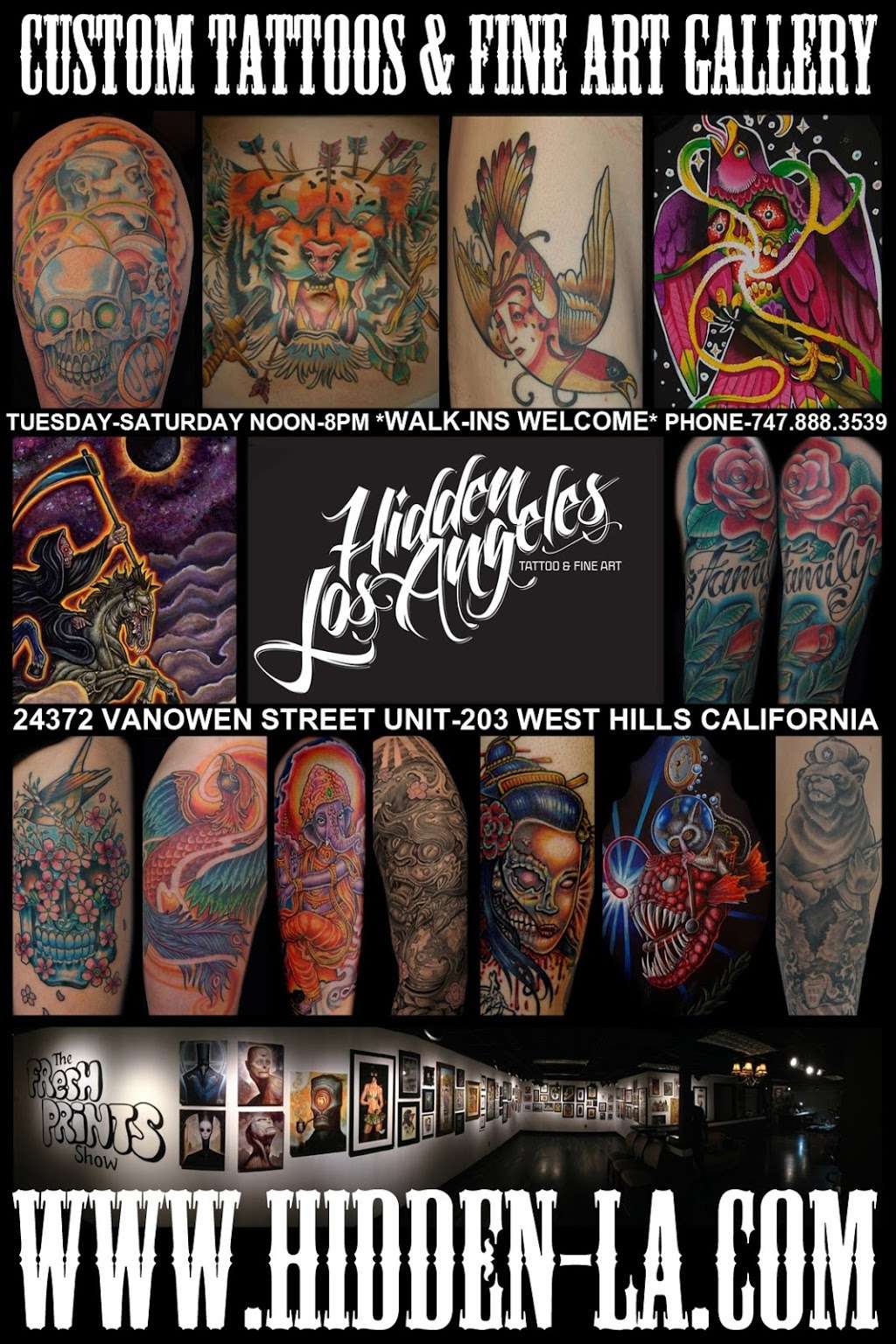 Hidden Los Angeles Tattoo And Fine Art | 24372 Vanowen St #203, West Hills, CA 91307, USA | Phone: (747) 888-3539