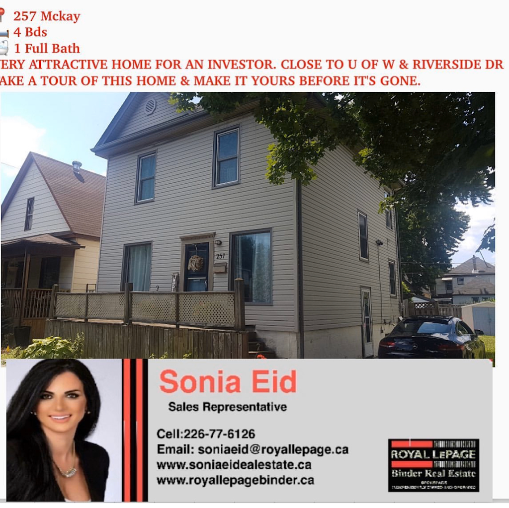 Sonia Eid Royal Lepage Windsor /Binder Real Estate | 1350 Provincial Rd, Windsor, ON N8W 5W1, Canada | Phone: (226) 787-6126