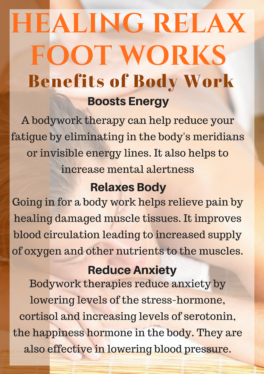 Healing Relax Foot Works | 12704 Grant Rd, Cypress, TX 77429, USA | Phone: (281) 972-8366