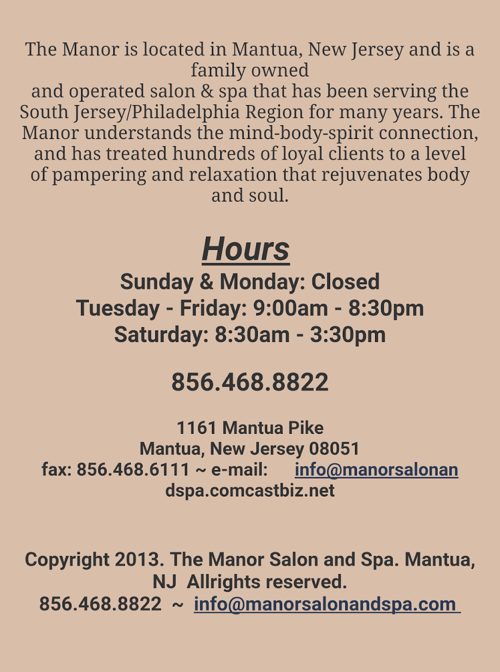 Manor Salon & Spa | 1161 Mantua Pike, West Deptford, NJ 08051, USA | Phone: (856) 468-8822