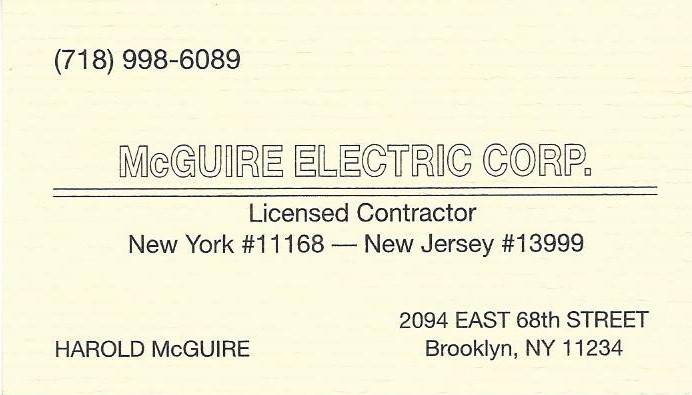 McGUIRE ELECTRIC CORP. | 2094 E 68 St, Brooklyn, NY 11234 | Phone: (718) 998-6089