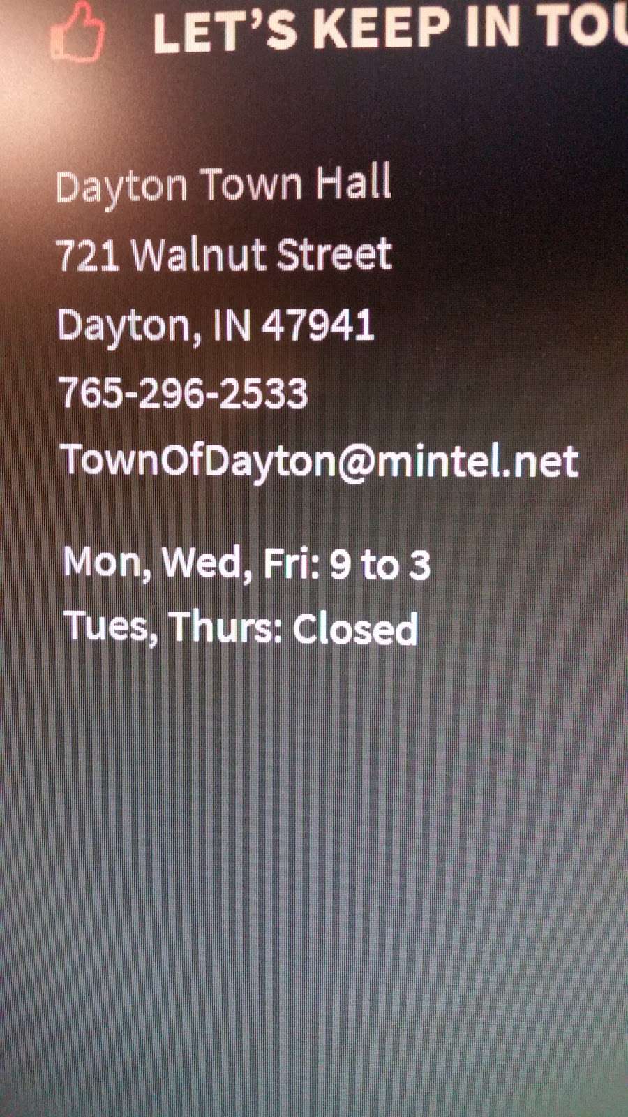Dayton Town Hall | 721 Walnut St, Dayton, IN 47941, USA | Phone: (765) 296-2533