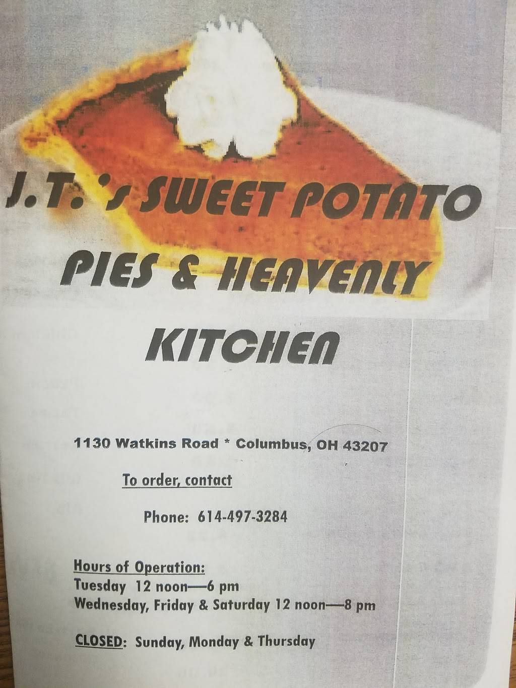 J.T.s Sweet Potato Pies & Heavenly Kitchen | 1130 Watkins Rd, Columbus, OH 43207, USA | Phone: (614) 497-3284