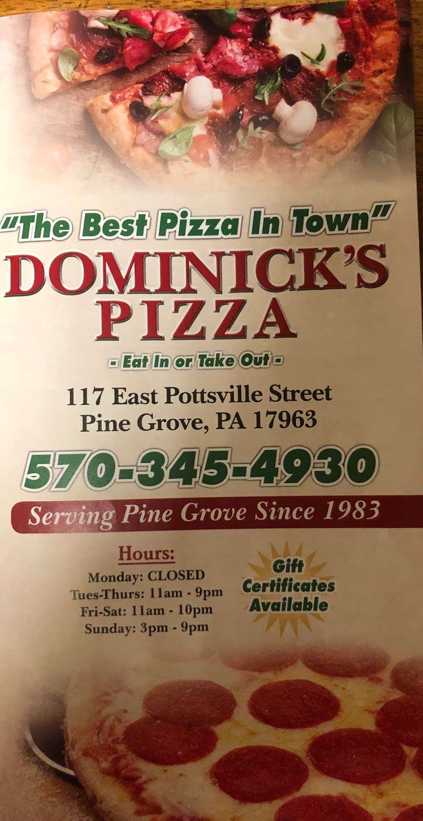 Dominicks Pizzeria | 117 E Pottsville St, Pine Grove, PA 17963, USA | Phone: (570) 345-4930