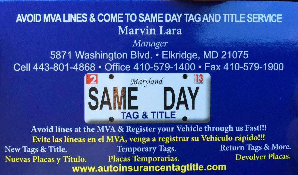 Tag Title Service & Auto Insurance | 5871 Washington Blvd, Elkridge, MD 21075, USA | Phone: (410) 579-1400