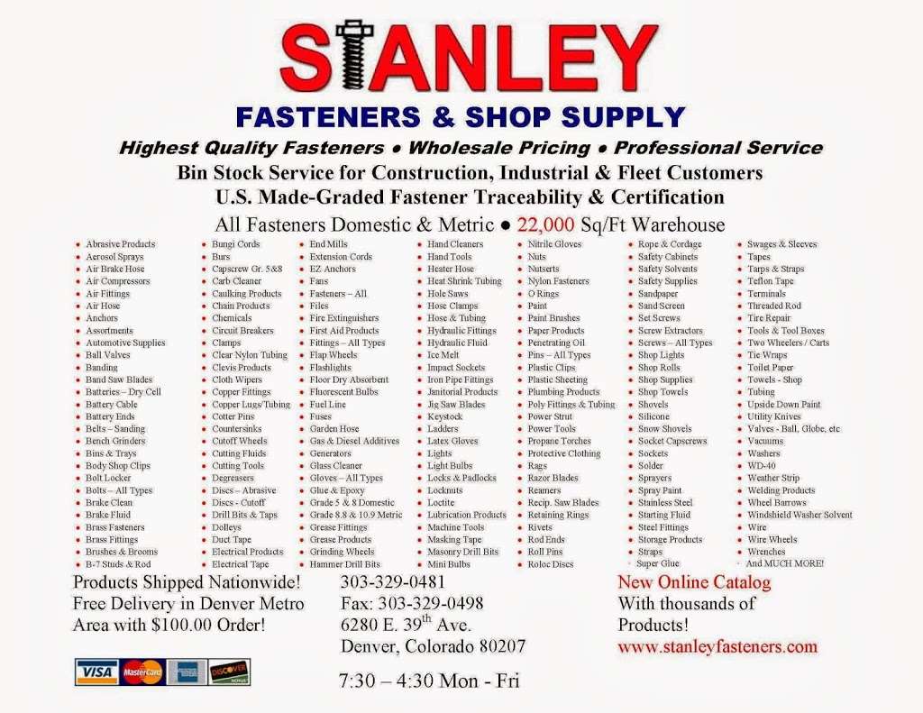 Stanley Fastener & Shop Supply | 6280 E 39th Ave, Denver, CO 80207 | Phone: (303) 329-0481