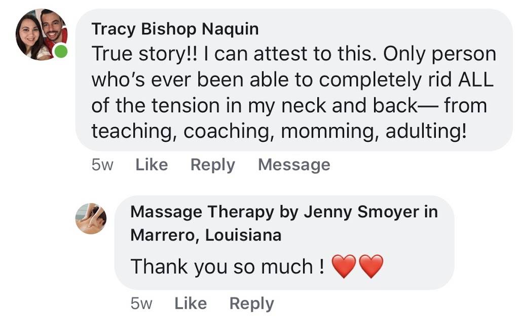 Massage Therapy by Jenny Smoyer in Marrero, Louisiana | 1616 Barataria Blvd, Marrero, LA 70072 | Phone: (504) 481-7308