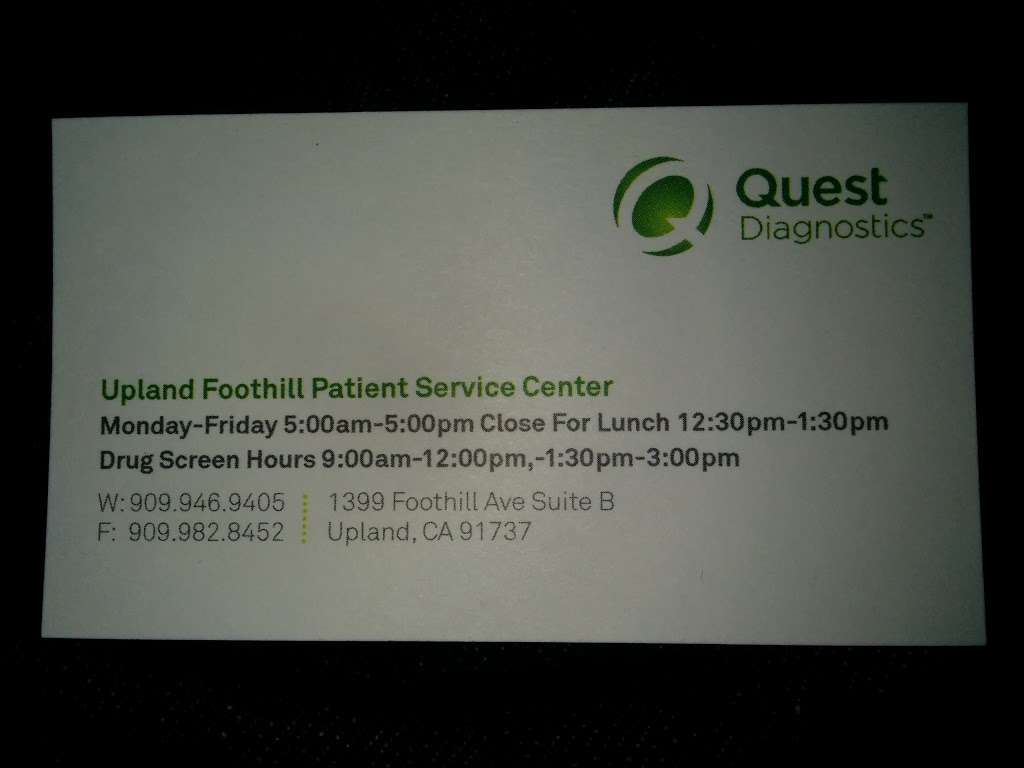 Quest Diagnostics Upland Foothill | 1399 E Foothill Blvd Ste B, Upland, CA 91786 | Phone: (909) 946-9405