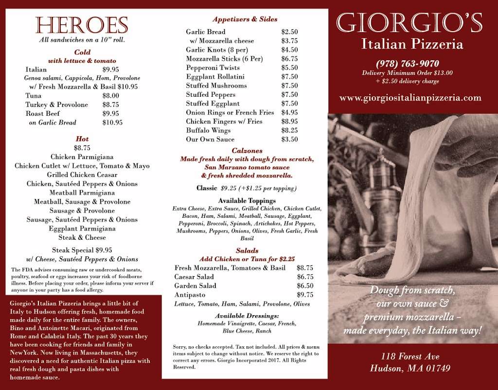 Giorgios Italian Pizzeria | 2858, 118 Forest Ave, Hudson, MA 01749 | Phone: (978) 763-9070