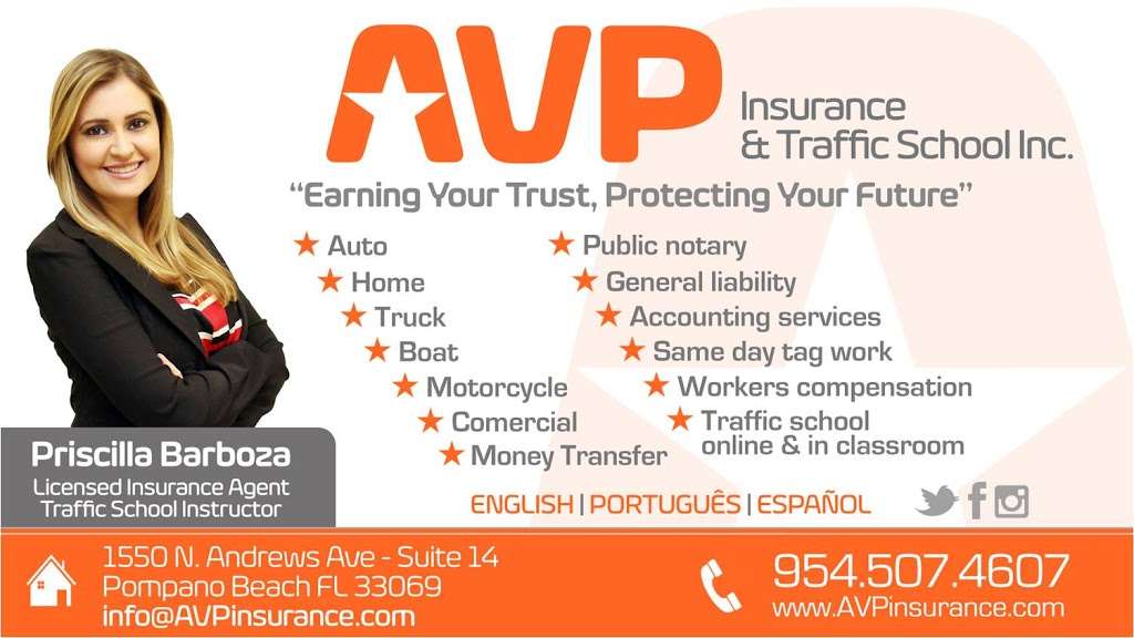AVP INSURANCE & TRAFFIC SCHOOL INC. | 1550 N Andrews Ave, Pompano Beach, FL 33069 | Phone: (954) 507-4607