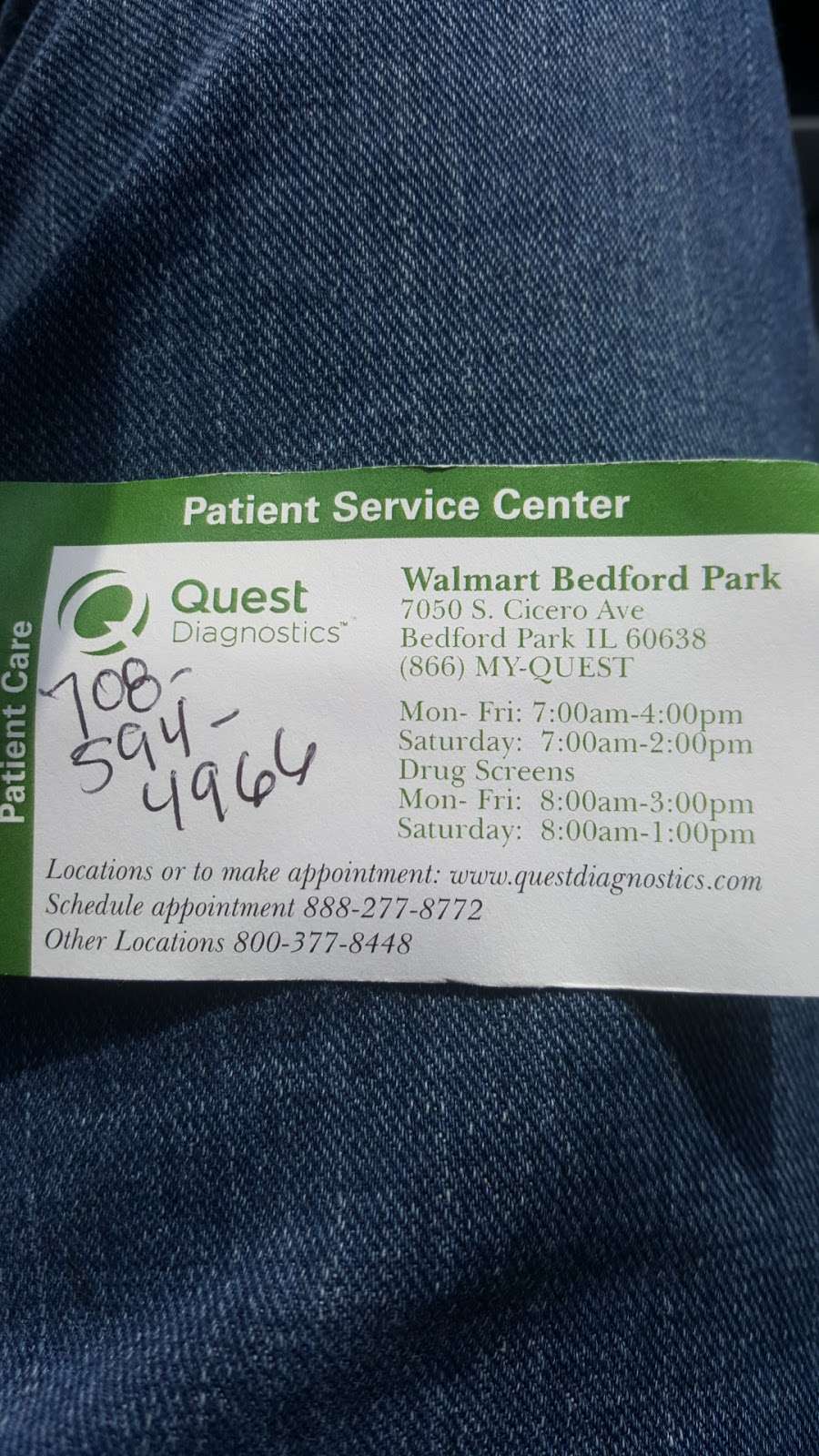 Quest Diagnostics Inside Bedford Park Walmart Store | 7050 S Cicero Ave, Bedford Park, IL 60638, USA | Phone: (708) 929-0181