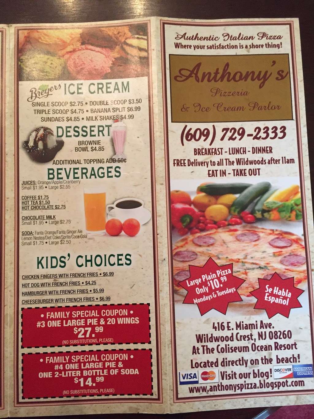 Anthonys Pizzeria & Ice Cream Parlor | 416 E Miami Ave, Wildwood Crest, NJ 08260, USA | Phone: (609) 729-2333