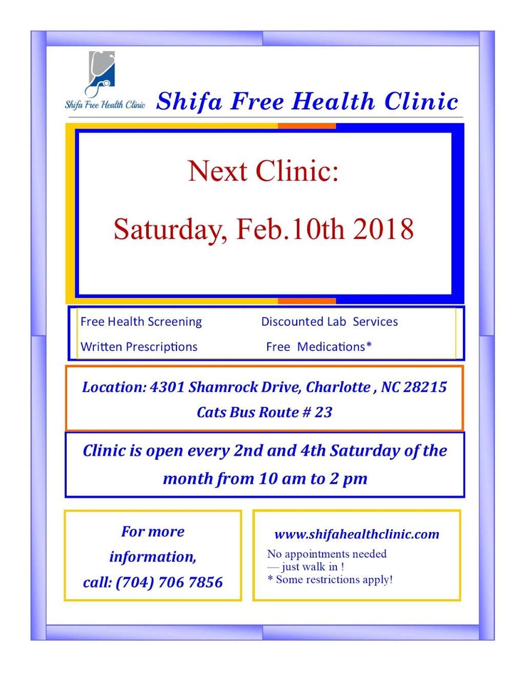 Shifa Free Health Clinic | 4301 Shamrock Dr, Charlotte, NC 28215, USA | Phone: (704) 706-7856