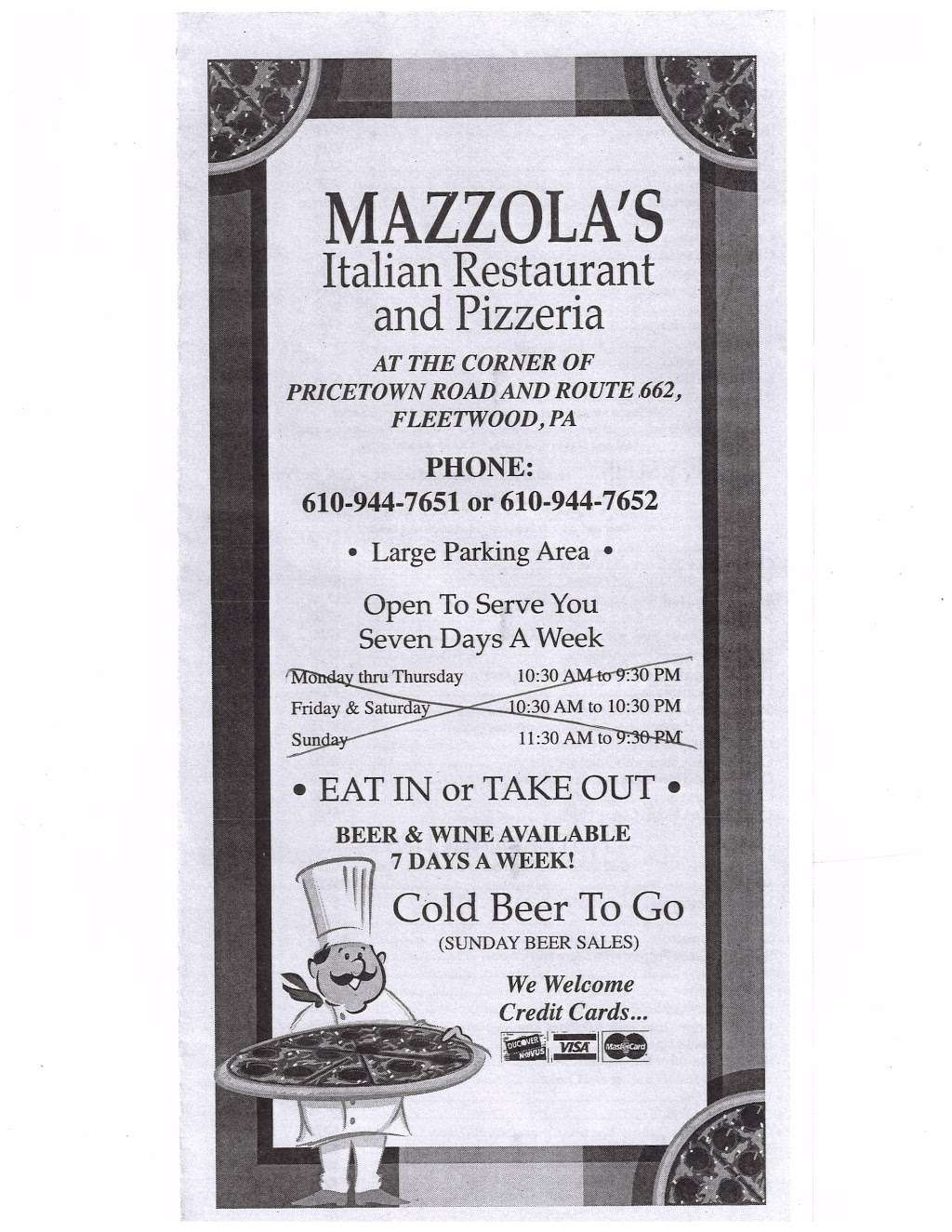 Mazzolas Italian Restaurante | 3675 Pricetown Rd, Fleetwood, PA 19522, USA | Phone: (610) 944-7651