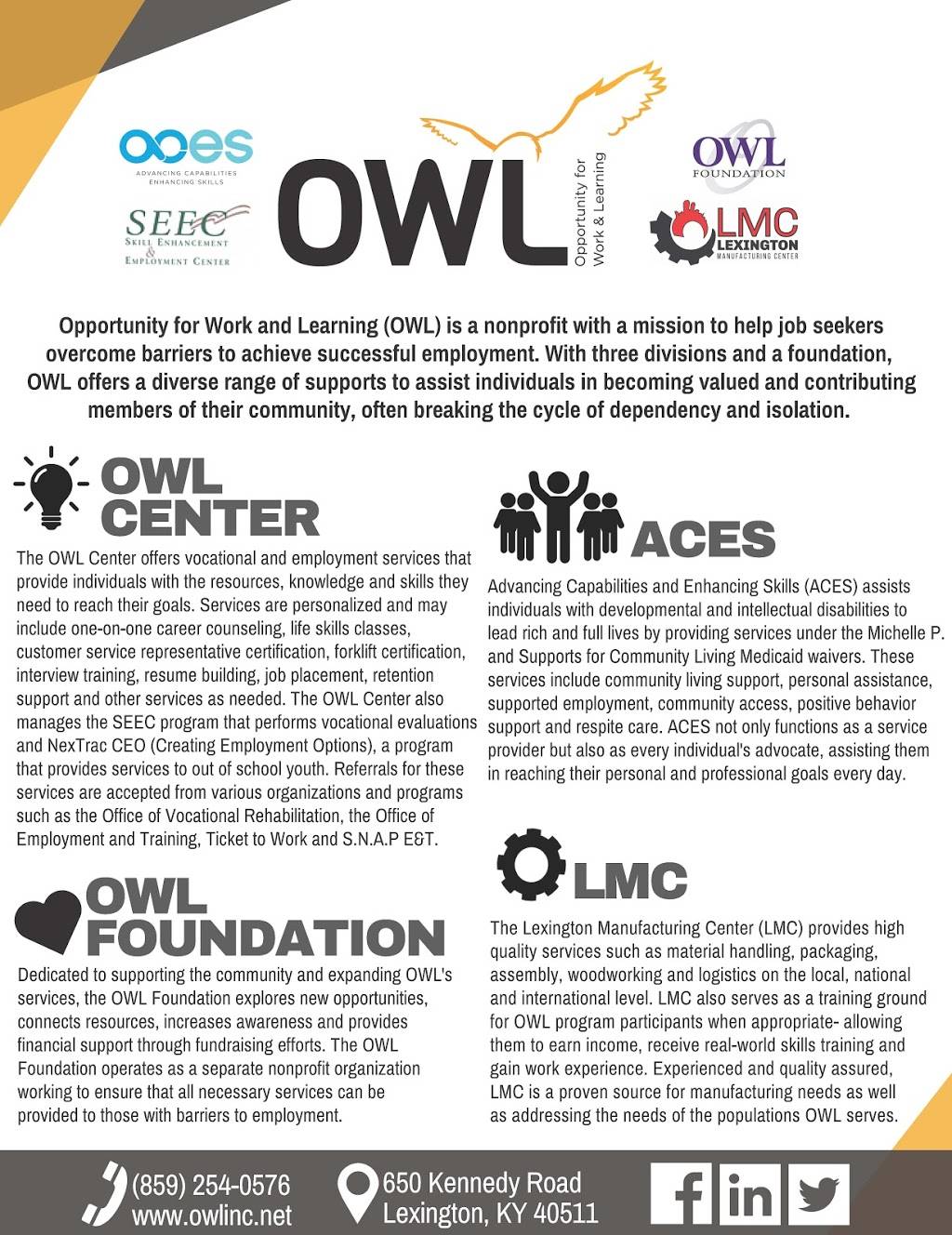 OWL - Opportunity for Work and Learning | 650 Kennedy Rd, Lexington, KY 40511, USA | Phone: (859) 254-0576