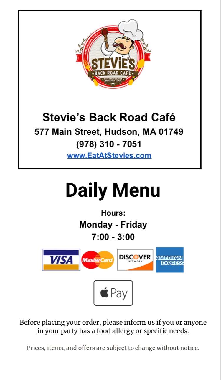 Stevies Back Road Cafe & Catering | 577 Main St, Hudson, MA 01749, USA | Phone: (978) 310-7051