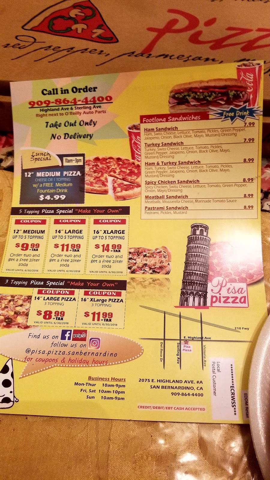 Pisa Pizza | 2075 E Highland Ave, San Bernardino, CA 92404, USA | Phone: (909) 864-4400