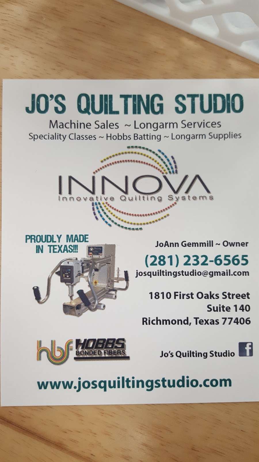 Jos Quilting Studio | 1810 First Oaks St #140, Richmond, TX 77406, USA | Phone: (281) 232-6565