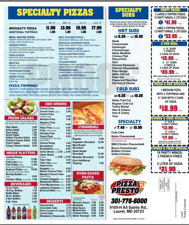 Pizza Presto | 9105 All Saints Rd, Laurel, MD 20723, USA | Phone: (301) 776-6000