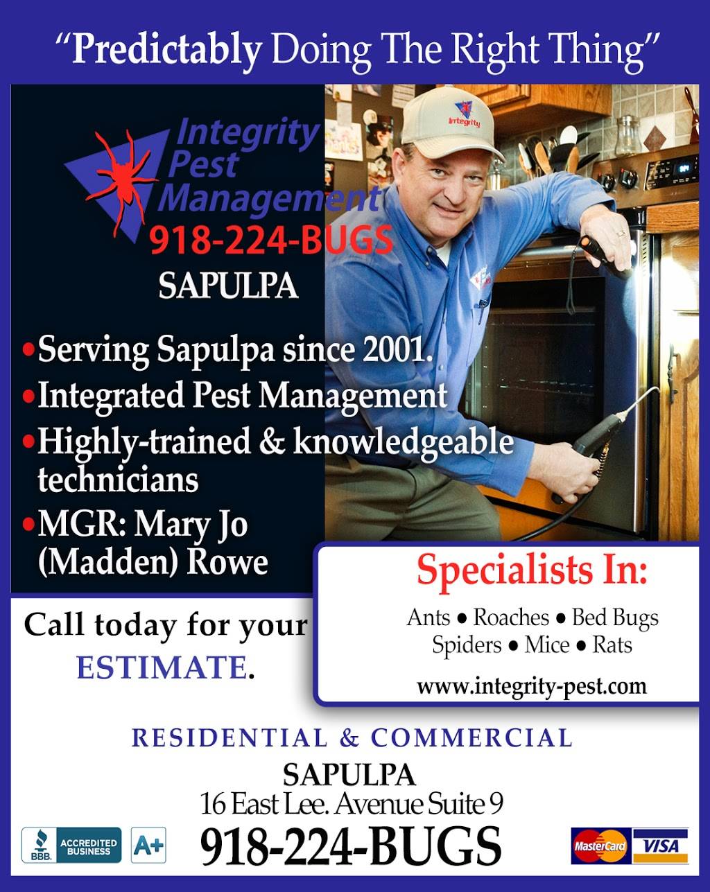 Integrity Pest Management | 4010 S 113th W Ave, Sand Springs, OK 74063 | Phone: (918) 245-7378