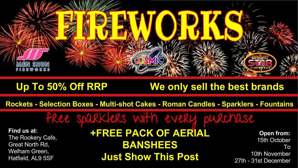 J & C Fireworks | Rookery Café Car Park, Great North Rd, Welham Green, Hatfield AL9 5SF, UK | Phone: 07702 442049