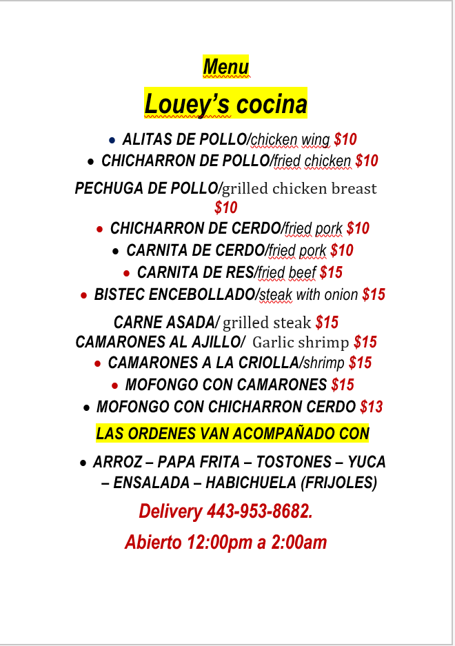 Loueys COCINA And Bar Restaurante Dominicano Y Centro America | 200 N Haven St, Baltimore, MD 21224, USA | Phone: (443) 953-8682