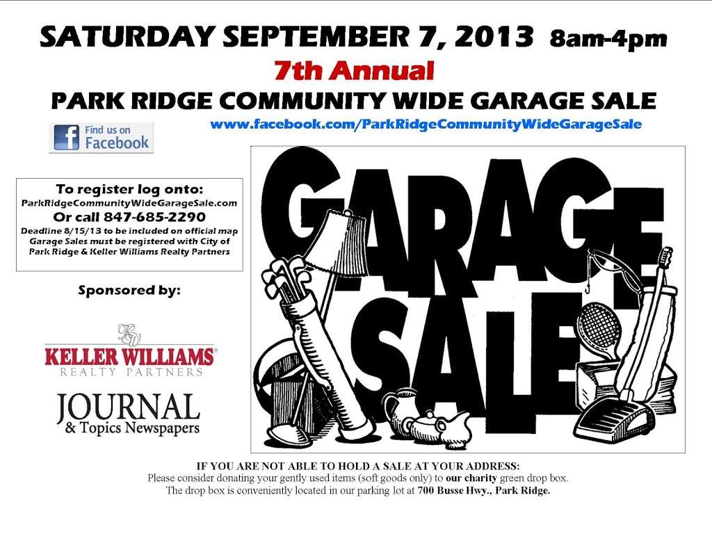 Park Ridge Community Wide Garage Sale @ KWRP | 700 Busse Hwy, Park Ridge, IL 60068, USA | Phone: (847) 692-6179