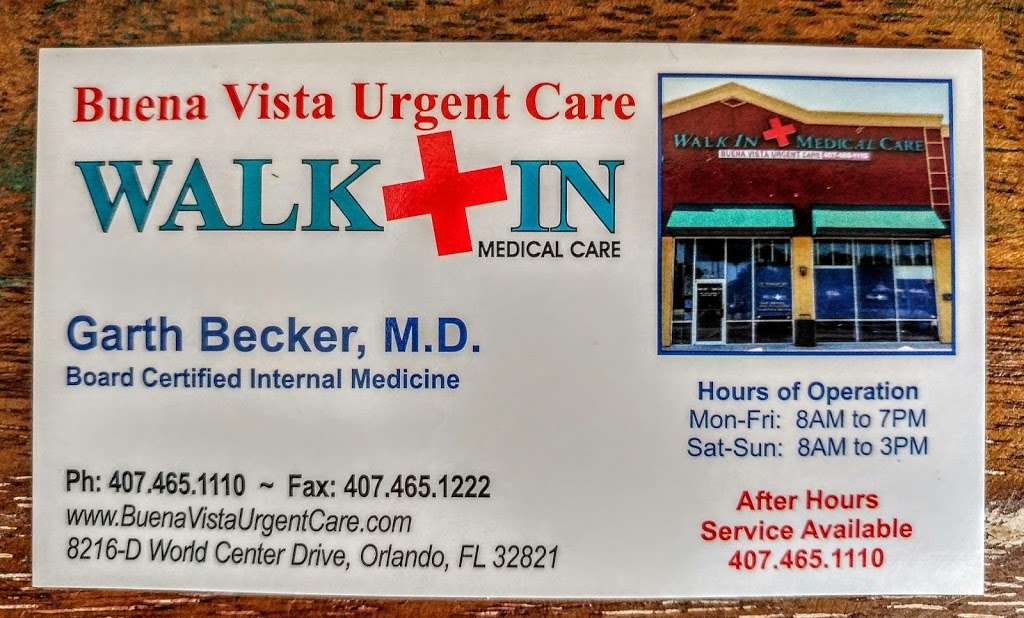 Buena Vista Urgent Care | 8216 World Center Dr, Orlando, FL 32821, USA | Phone: (407) 465-1110