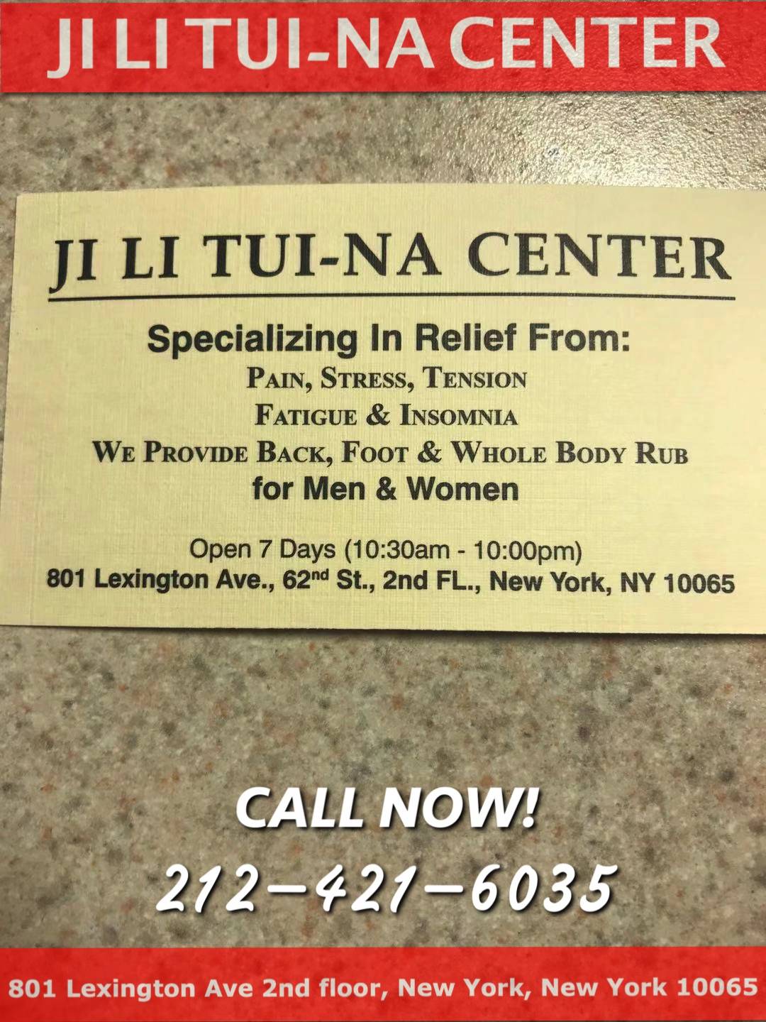 Ji Li Tui-Na Center | 801 Lexington Ave 2nd floor, New York, NY 10065, United States | Phone: (212) 421-6035