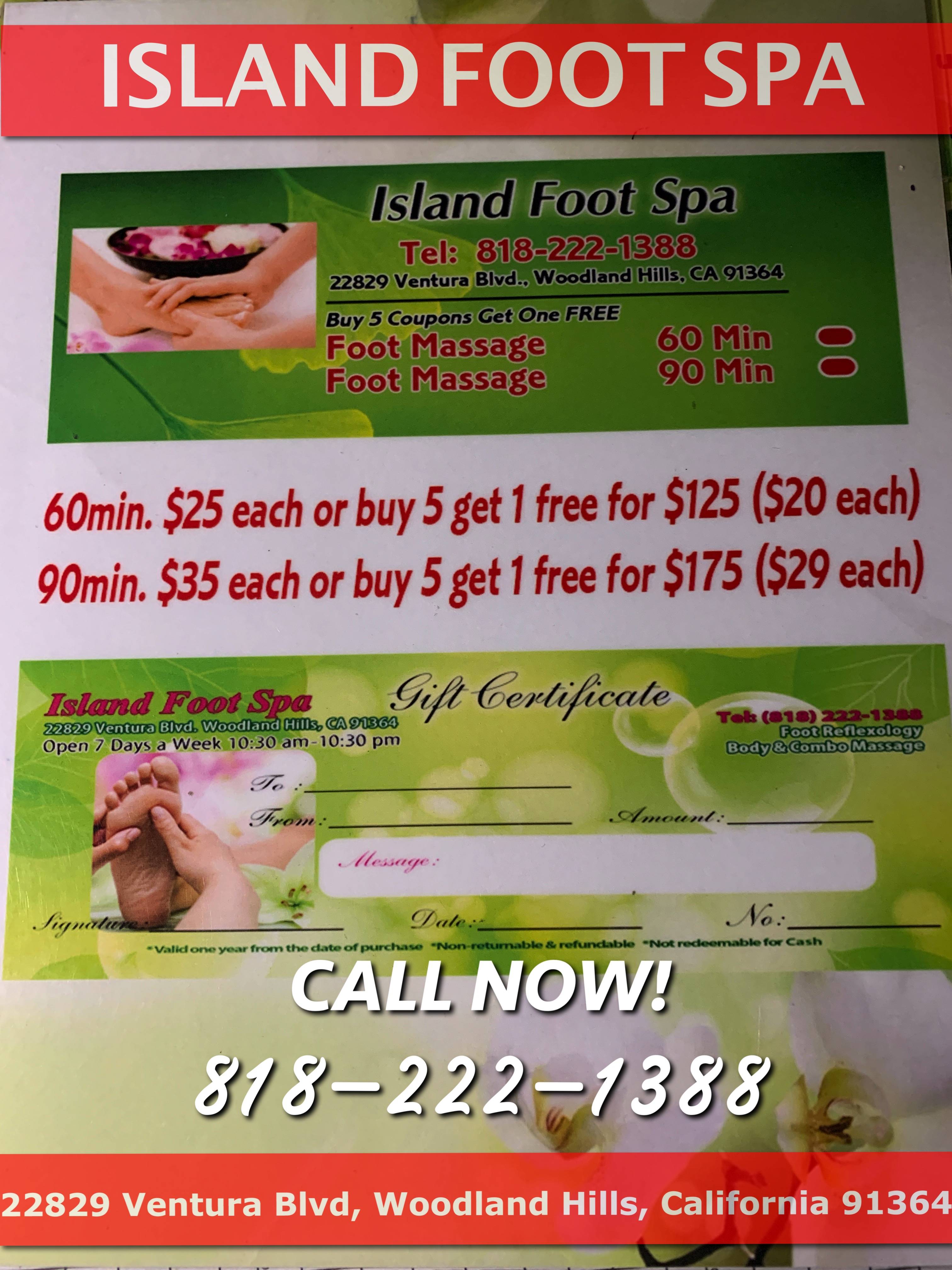 Island Foot Spa | 22829 Ventura Blvd, Woodland Hills, CA 91302, United States | Phone: (818) 222-1388