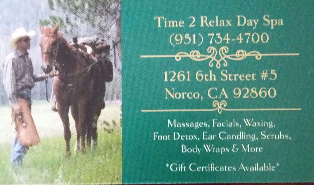 Time 2 Relax Day Spa | 1261 Sixth St #6, Norco, CA 92860 | Phone: (951) 734-4700