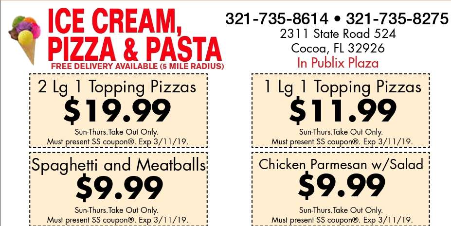 Ice Cream Pizza And Pasta | 2311 State Rd 524 Suite 104, Cocoa, FL 32926, USA | Phone: (321) 735-8614