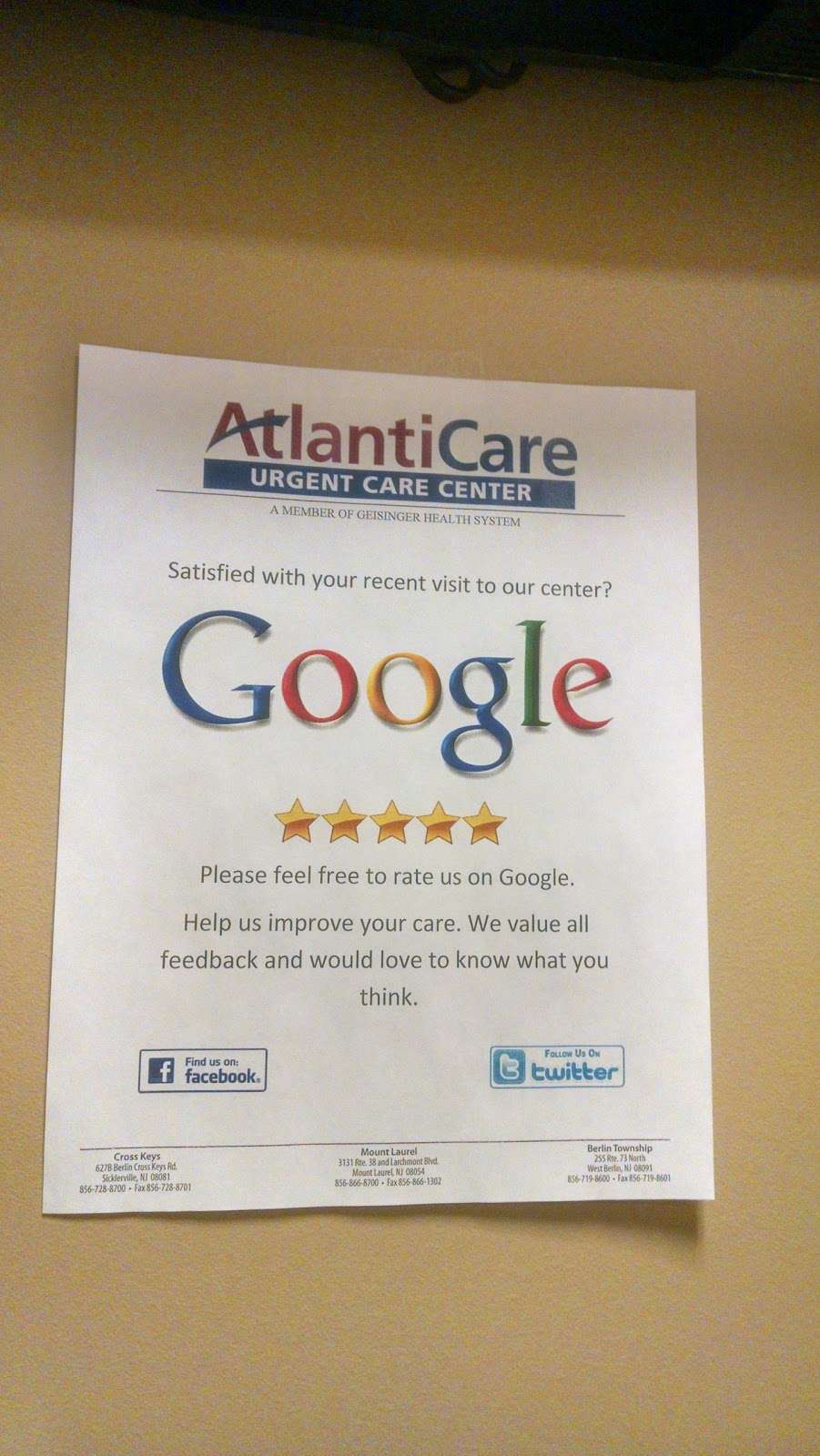 AtlantiCare/Advocare Urgent Care Sicklerville | 627-B, Berlin - Cross Keys Rd, Sicklerville, NJ 08081, USA | Phone: (609) 407-2273