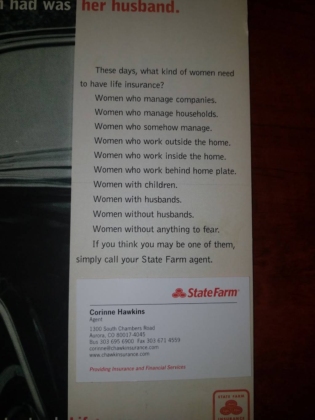 Corinne Hawkins - State Farm Insurance | 1300 S Chambers Rd, Aurora, CO 80017, USA | Phone: (303) 695-6900