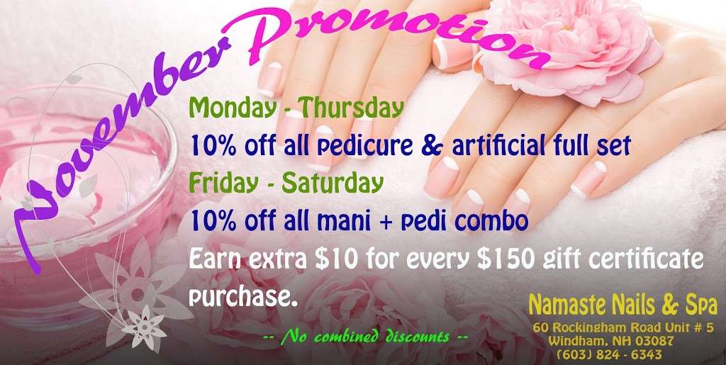 Namaste Nails and Spa | 60 Rockingham Rd, Windham, NH 03087, USA | Phone: (603) 824-6343