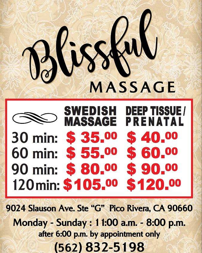 Blissful Massage | 9024 Slauson Ave, Pico Rivera, CA 90660, USA | Phone: (562) 832-5198