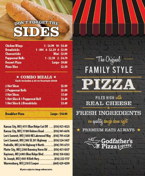 Godfathers Pizza Express | 11100 Holmes Rd, Kansas City, MO 64131 | Phone: (816) 941-6676