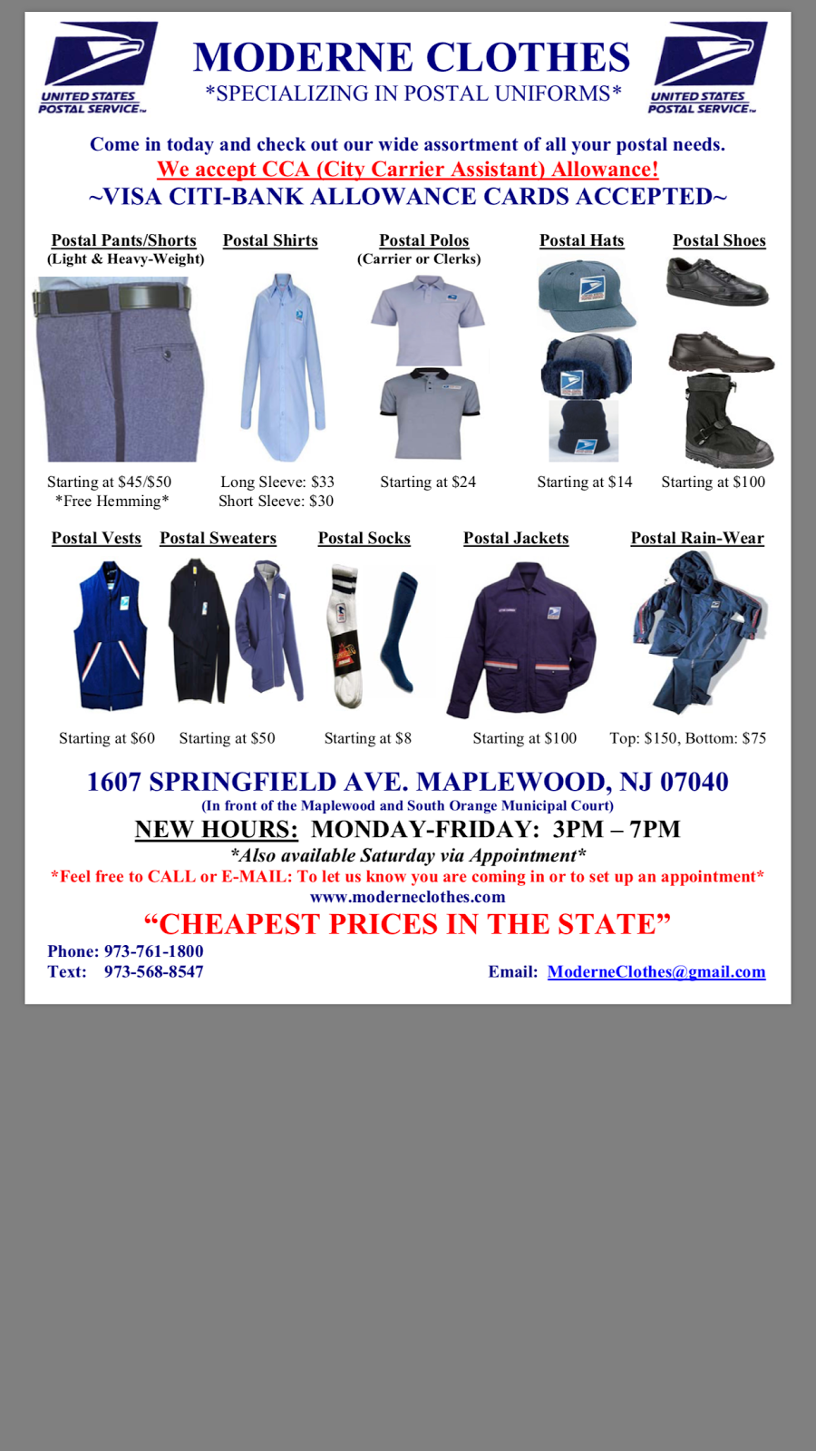 Moderne Clothes - NJ Postal Uniforms- Specializing In Postal Uni | 1607 Springfield Ave, Maplewood, NJ 07040, USA | Phone: (973) 761-1800 Moderne Clothes - NJ Postal Uniforms- Specializing In Postal Uni | 1607 Springfield Ave, Maplewood, NJ 07040, USA | Phone: (973) 761-1800