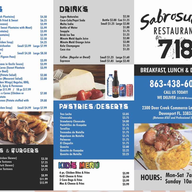 Sabrosura 718 restaurant | 2300 Deer Creek Commerce Ln, Davenport, FL 33837, USA | Phone: (863) 438-6041