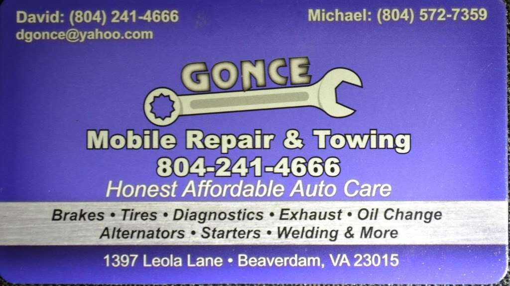 Gonce Mobile Repair and Towing | 1397 Leola Ln., Beaverdam, VA 23015, USA | Phone: (804) 241-4666