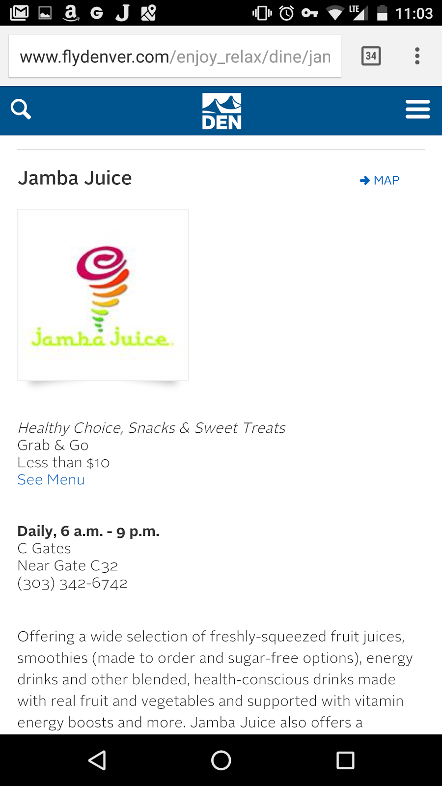 Jamba Juice | Concourse C, 8100 Peña Blvd, Denver, CO 80249, USA | Phone: (303) 342-6742