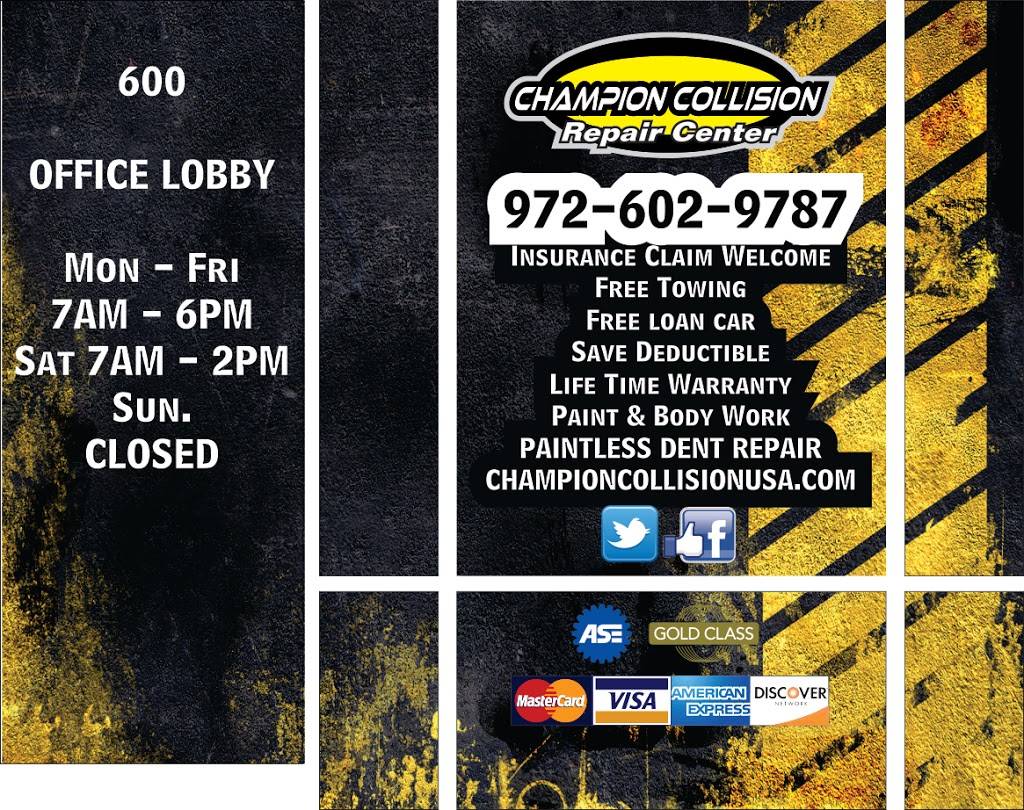 Champion Collision Repair Center | 3015 Eagle Dr #600, Grand Prairie, TX 75052, USA | Phone: (972) 602-9787