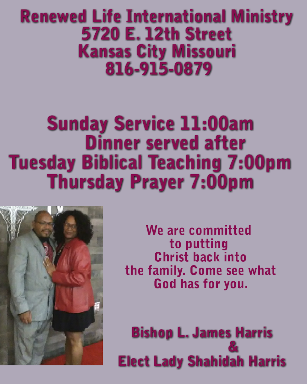 Renewed Life International Ministry | 5720 E 12th St, Kansas City, MO 64127, USA | Phone: (816) 915-0879