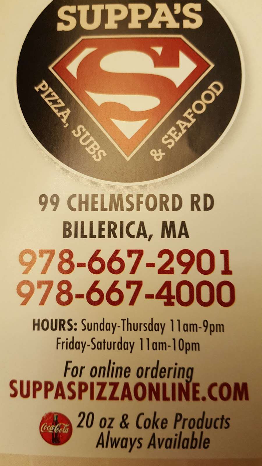 Suppas Pizza & Subs | 99 Chelmsford Rd, North Billerica, MA 01862, USA | Phone: (978) 667-4000