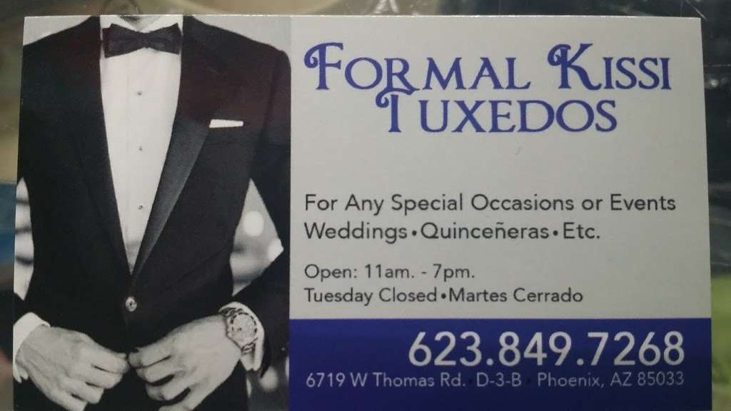 Formal Kissi Tuxedos | 6719 W Thomas Rd, Phoenix, AZ 85033, USA | Phone: (623) 849-7268