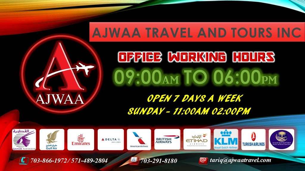 AJWAA TRAVEL AND TOURS INC | 6560 Backlick Rd Suite 214, Springfield, VA 22150, USA | Phone: (703) 635-3521