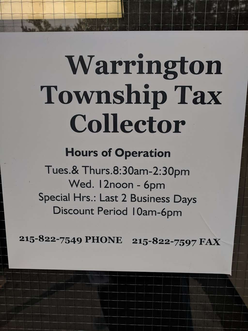 Warrington Tax Collector | 3400 Pickertown Rd, Chalfont, PA 18914, USA | Phone: (215) 343-4099